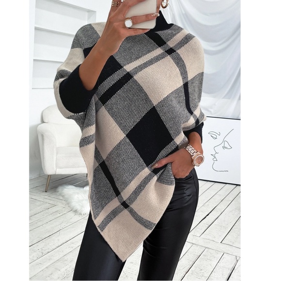 Rouge! Sweaters - Plaid Poncho Style Sweater Turtleneck Beige Black